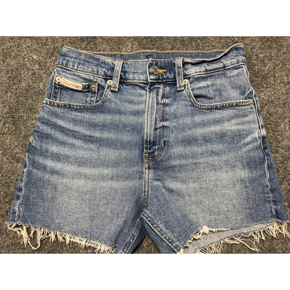 Calvin Klein High Rise Mini Short Womens 27 Denim Jean Frayed Raw Hem Light Wash